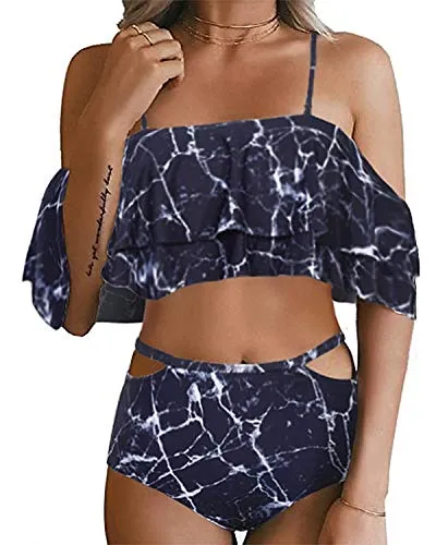 Fashionable Tummy Control Two Piece High Waisted Bikini Set-Black Marble