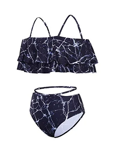 Fashionable Tummy Control Two Piece High Waisted Bikini Set-Black Marble