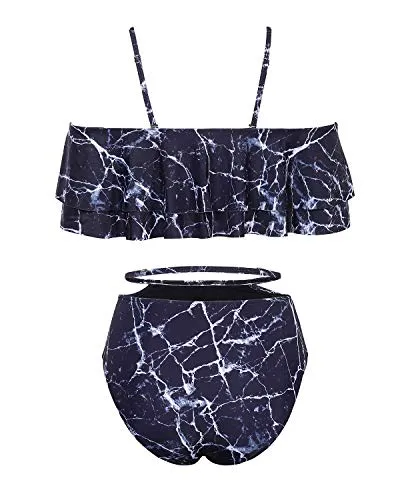 Fashionable Tummy Control Two Piece High Waisted Bikini Set-Black Marble