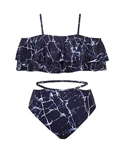 Fashionable Tummy Control Two Piece High Waisted Bikini Set-Black Marble