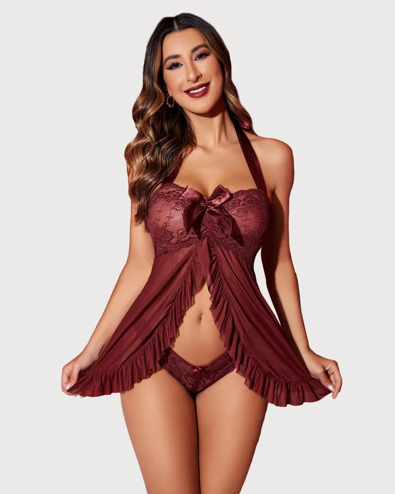 Floral Print Lace Open Front Babydoll