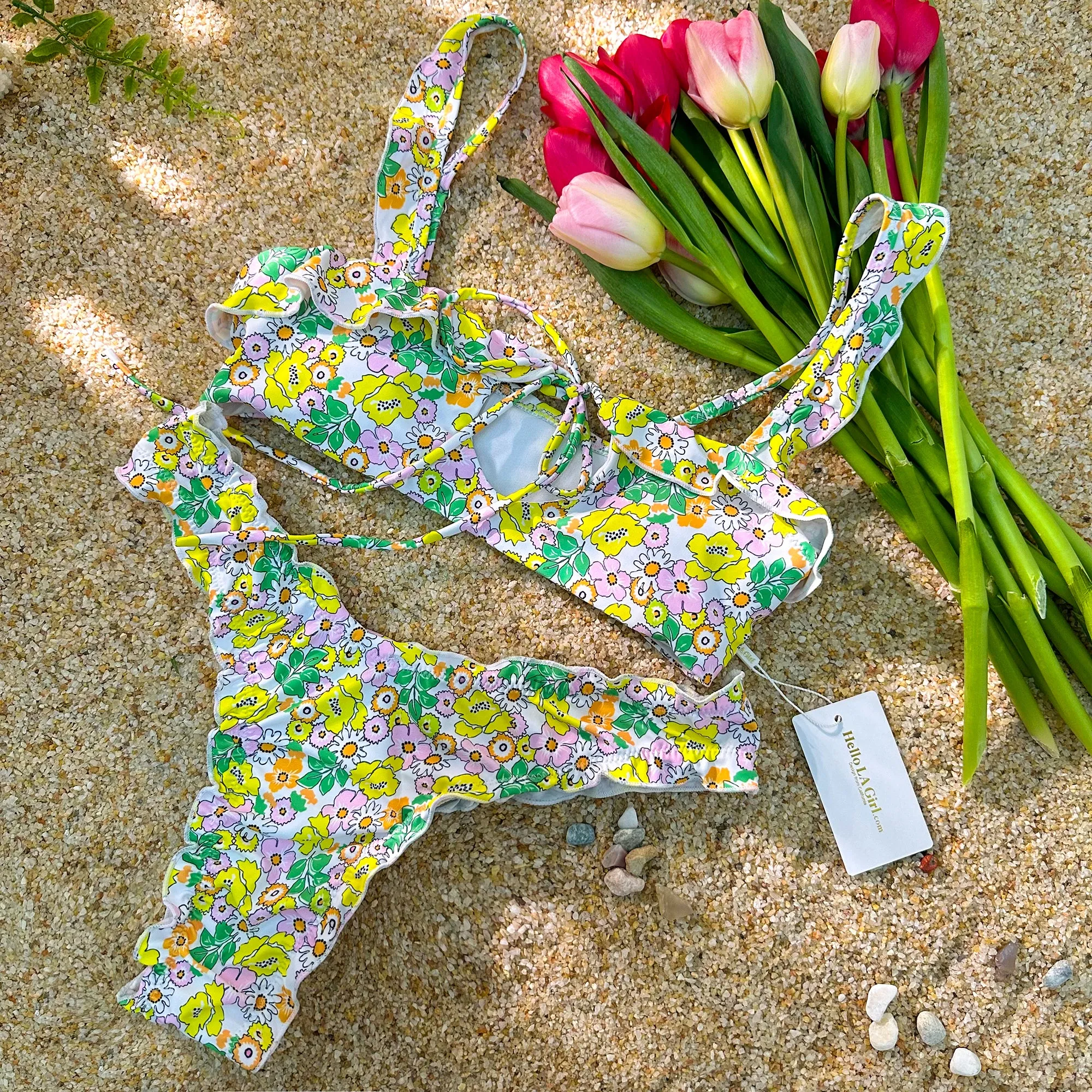 Green Digital Printing Lace Push Up Hollow Bikini Set