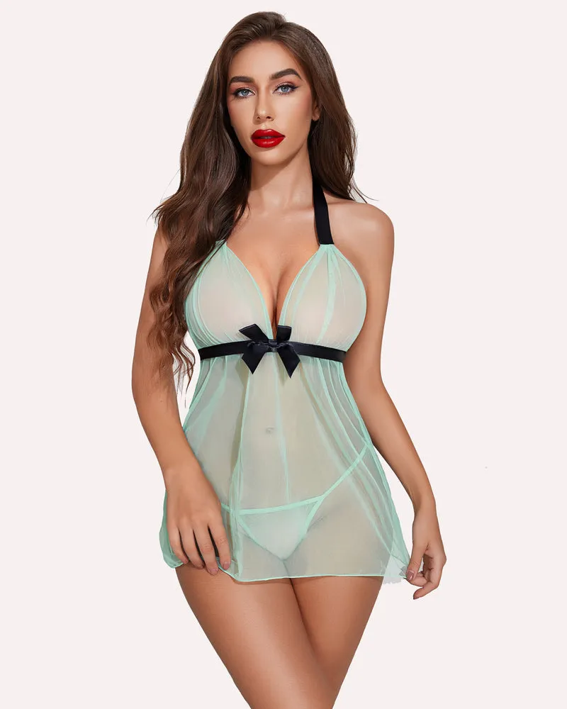 Halter Sheer Mesh Lace Babydolls