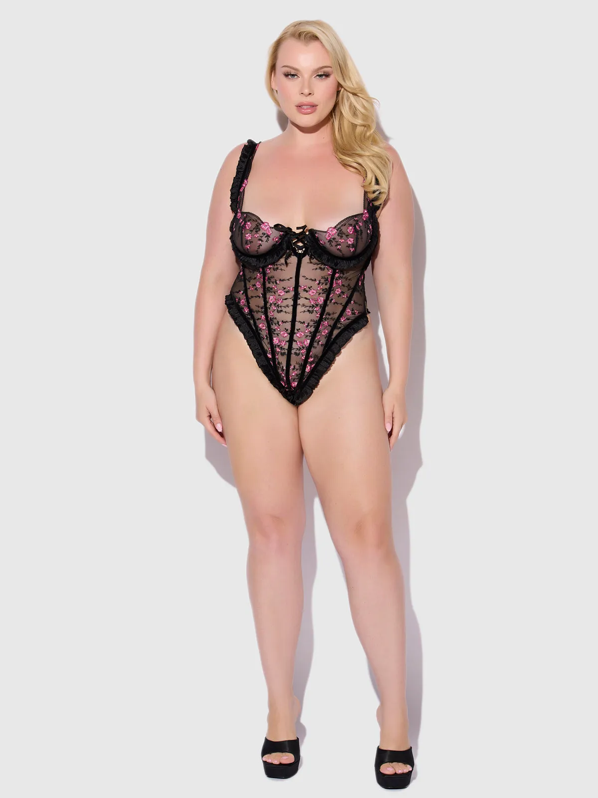 Harlow Embroidered Stretch Mesh Teddy