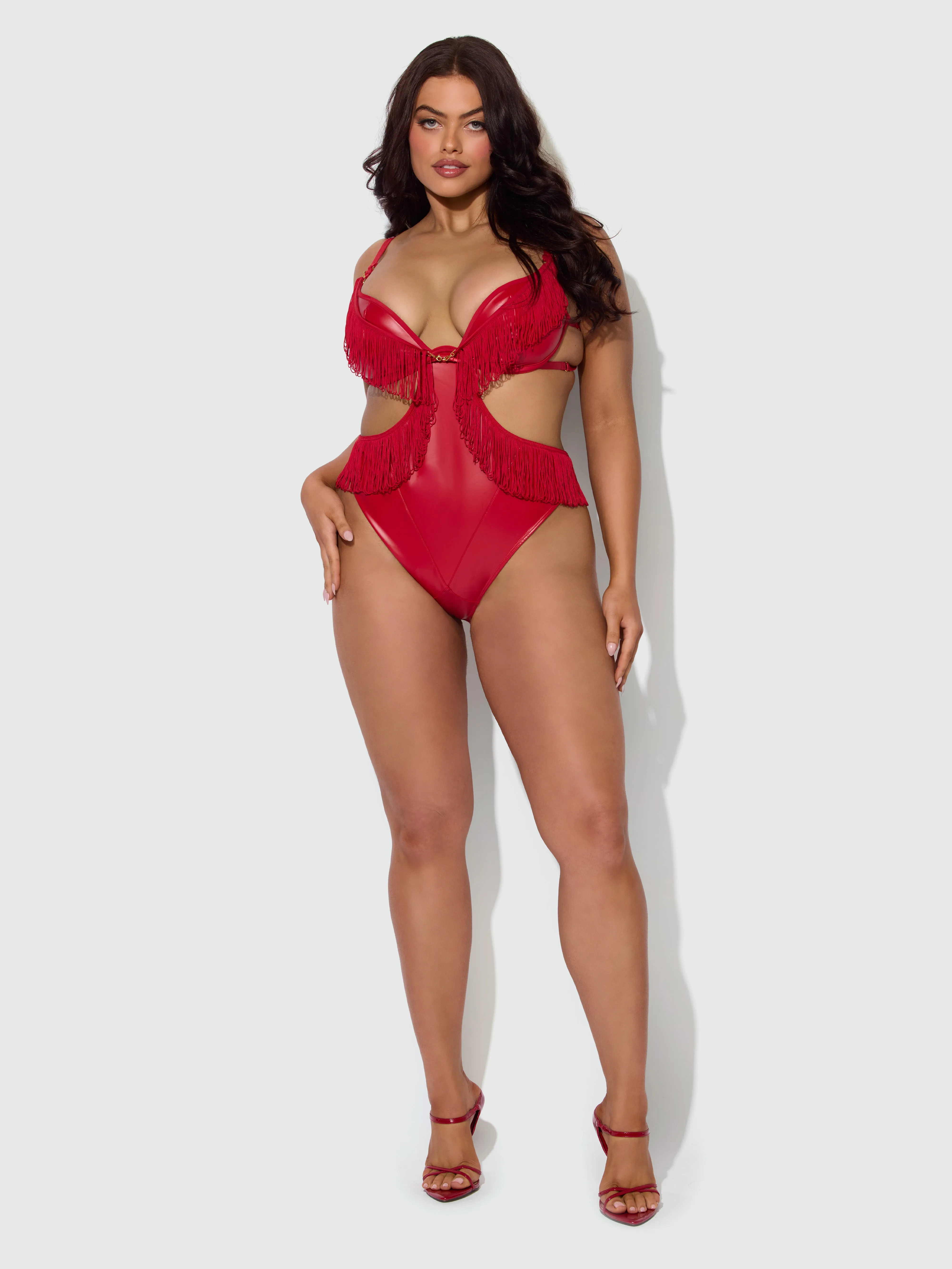 Hendrix Faux Leather & Fringe Crotchless Teddy