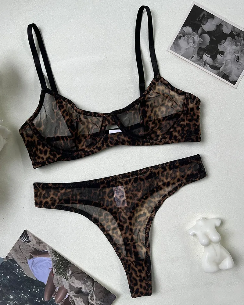 Leopard Mesh Sheer Push Up Lingerie Set