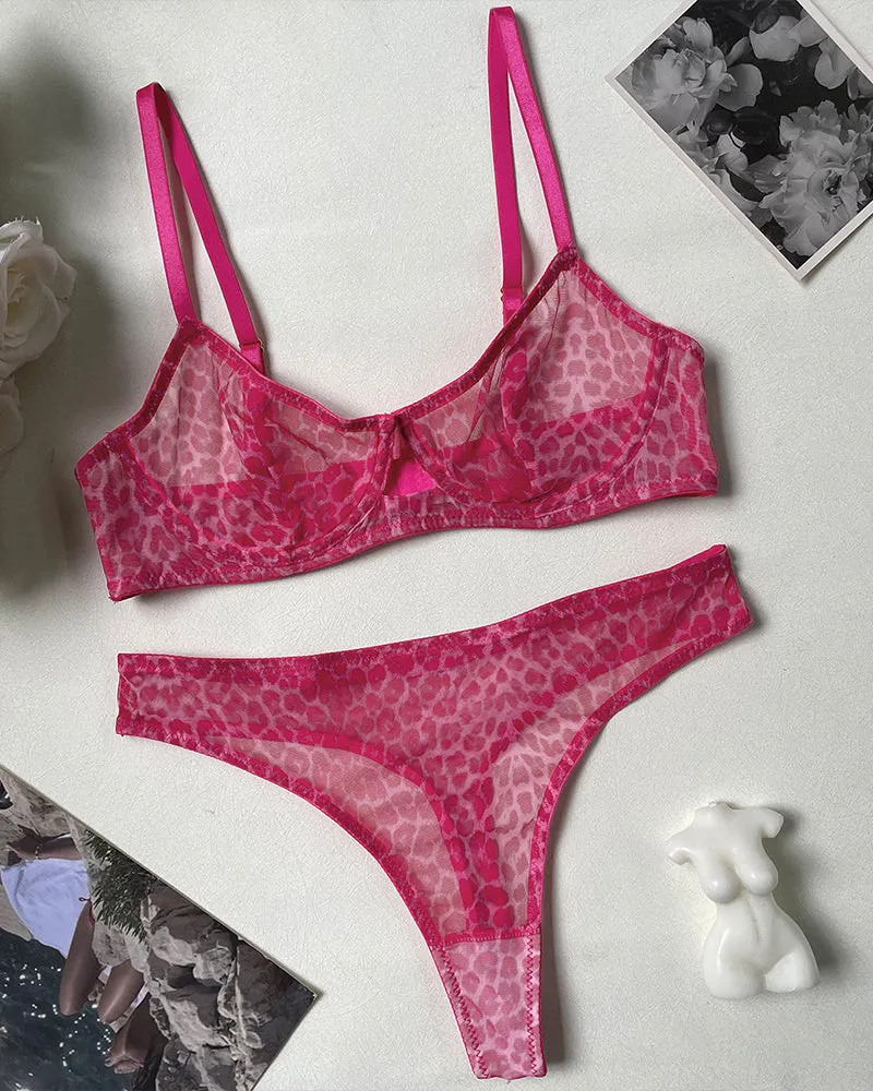 Leopard Mesh Sheer Push Up Lingerie Set