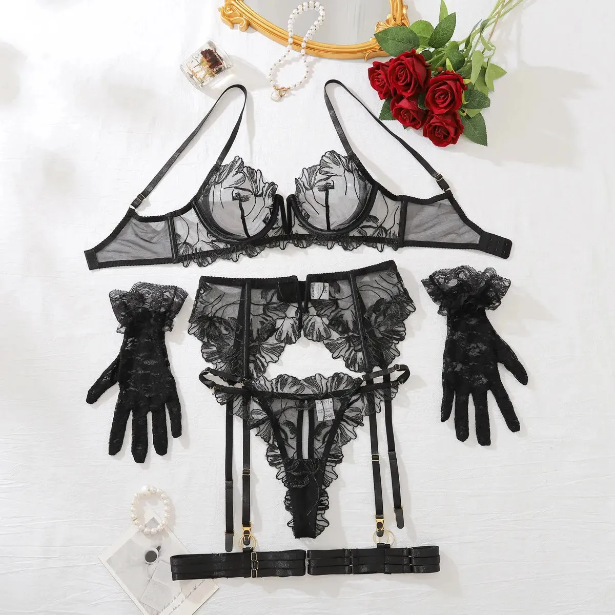 Lingerie Gloves Garter Lace Ensemble