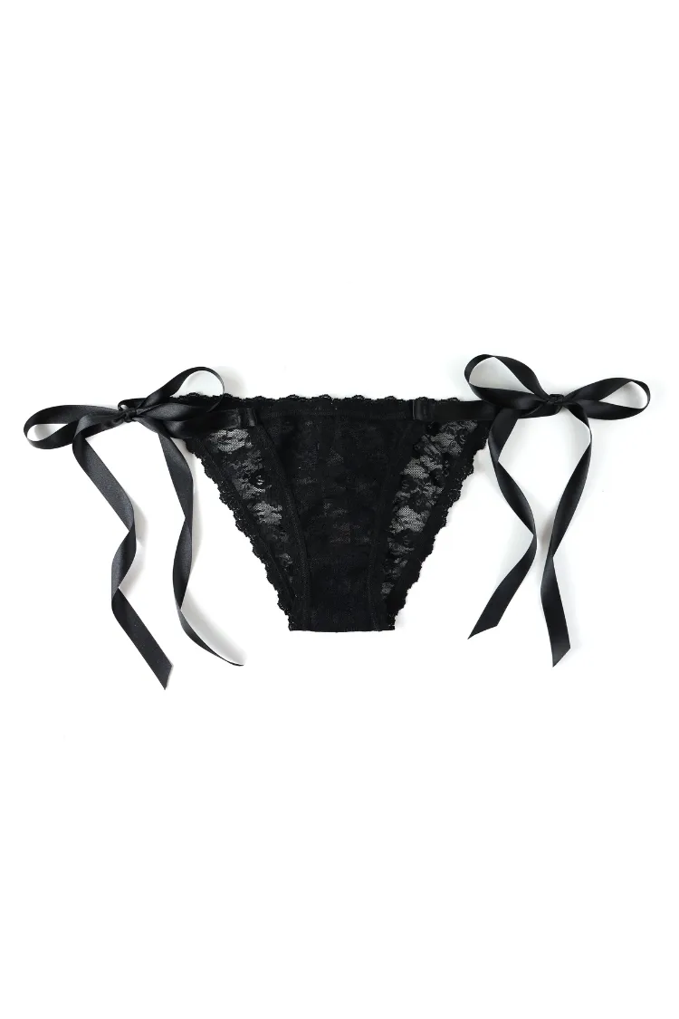 Lucy Lace & Satin Side Tie Panty in Black