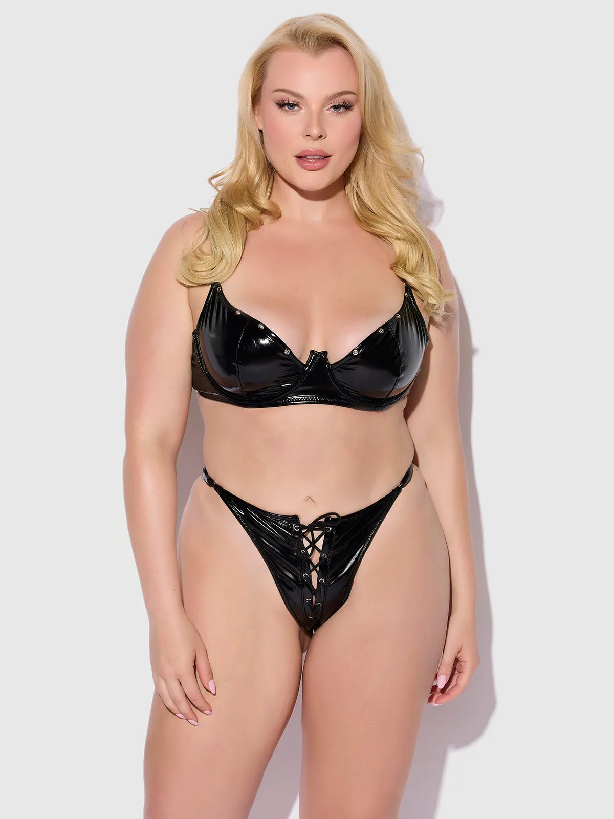 Phoenix Patent Underwire Unlined Grommet Bra & Crotchless Panty Set