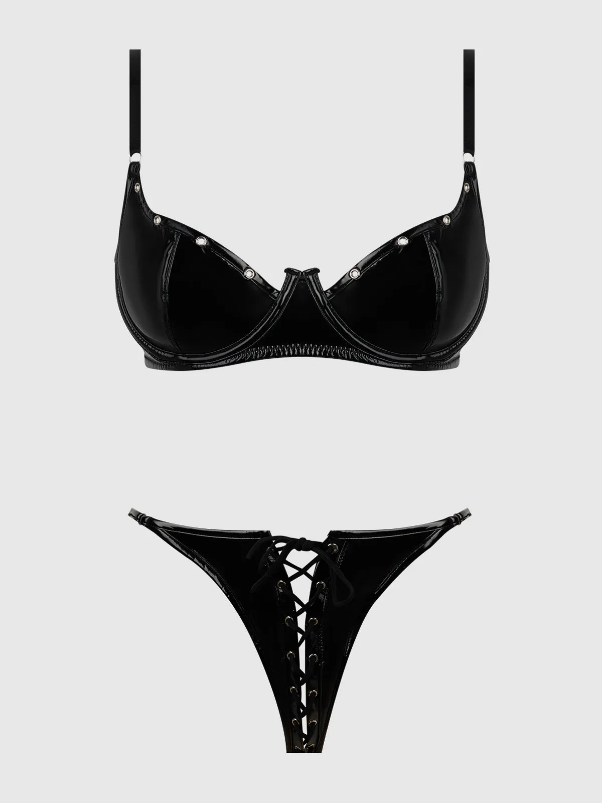 Phoenix Patent Underwire Unlined Grommet Bra & Crotchless Panty Set