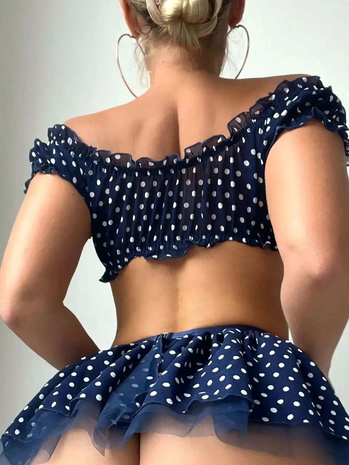 Polka Dot Lingerie 5-Piece Off Shoulder Ruffled Top Skirt Thongs Stocking Set