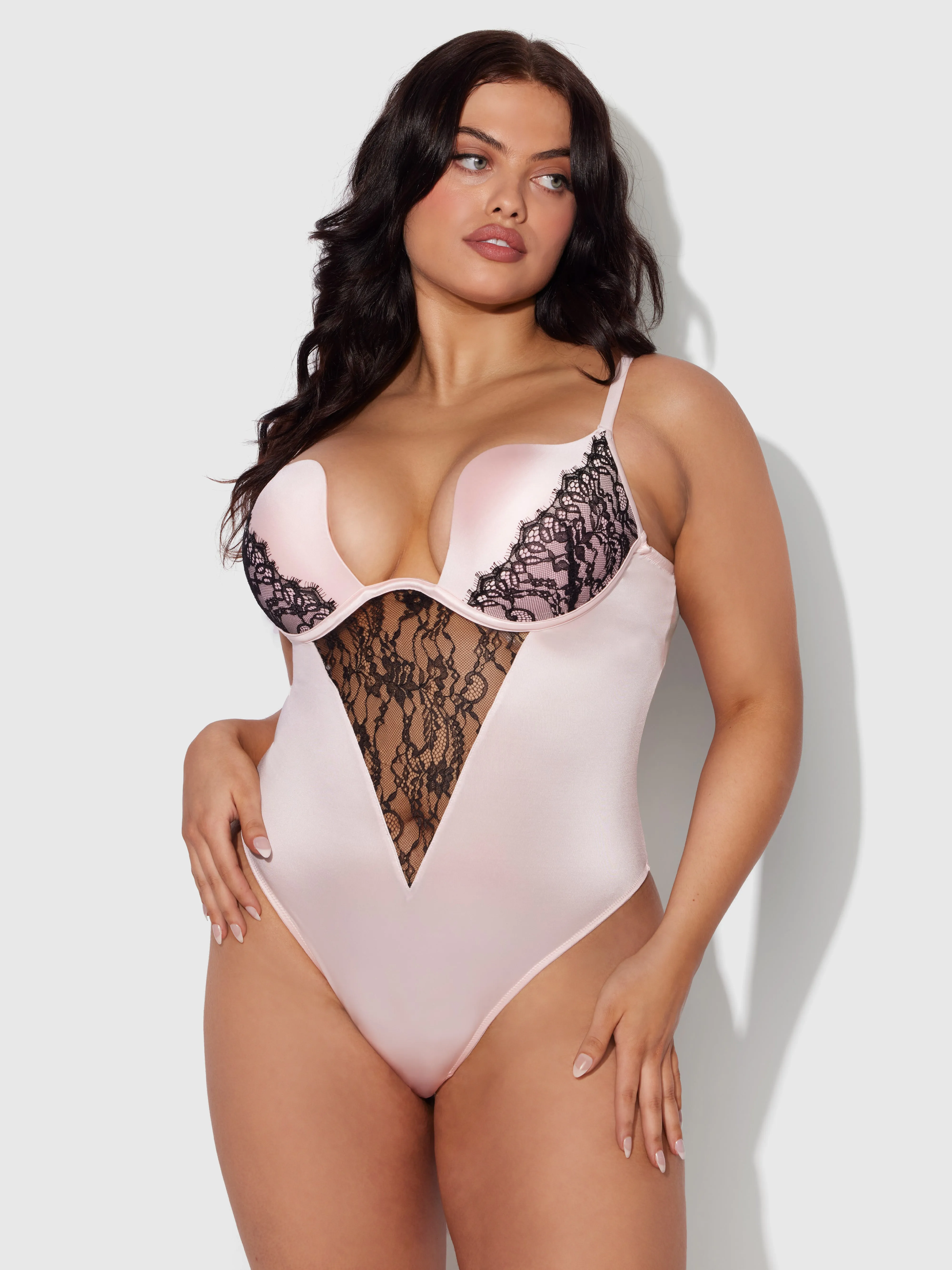 Rising Star Plunge Push Up Bodysuit in Liquid Satin & Lace
