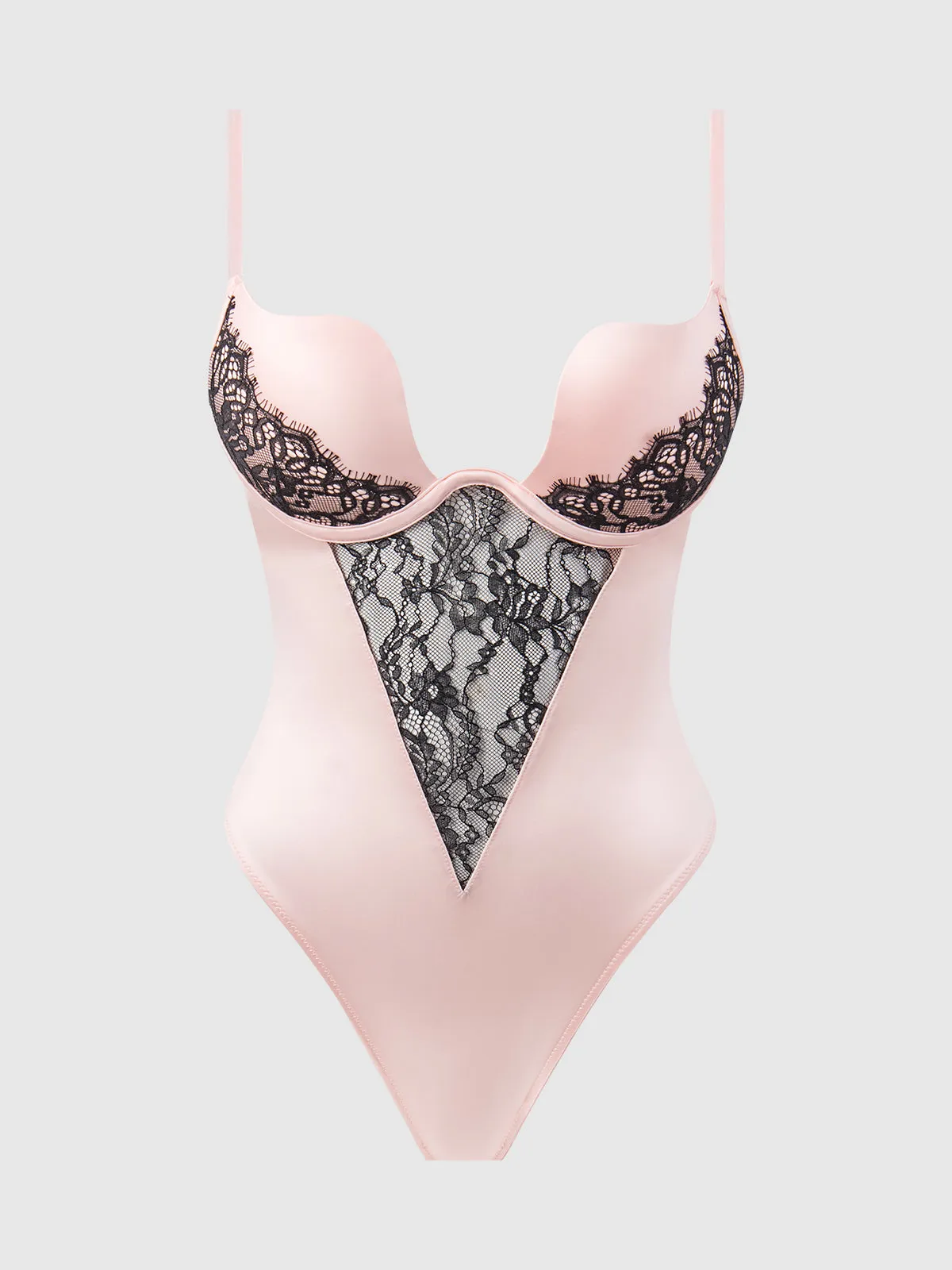 Rising Star Plunge Push Up Bodysuit in Liquid Satin & Lace