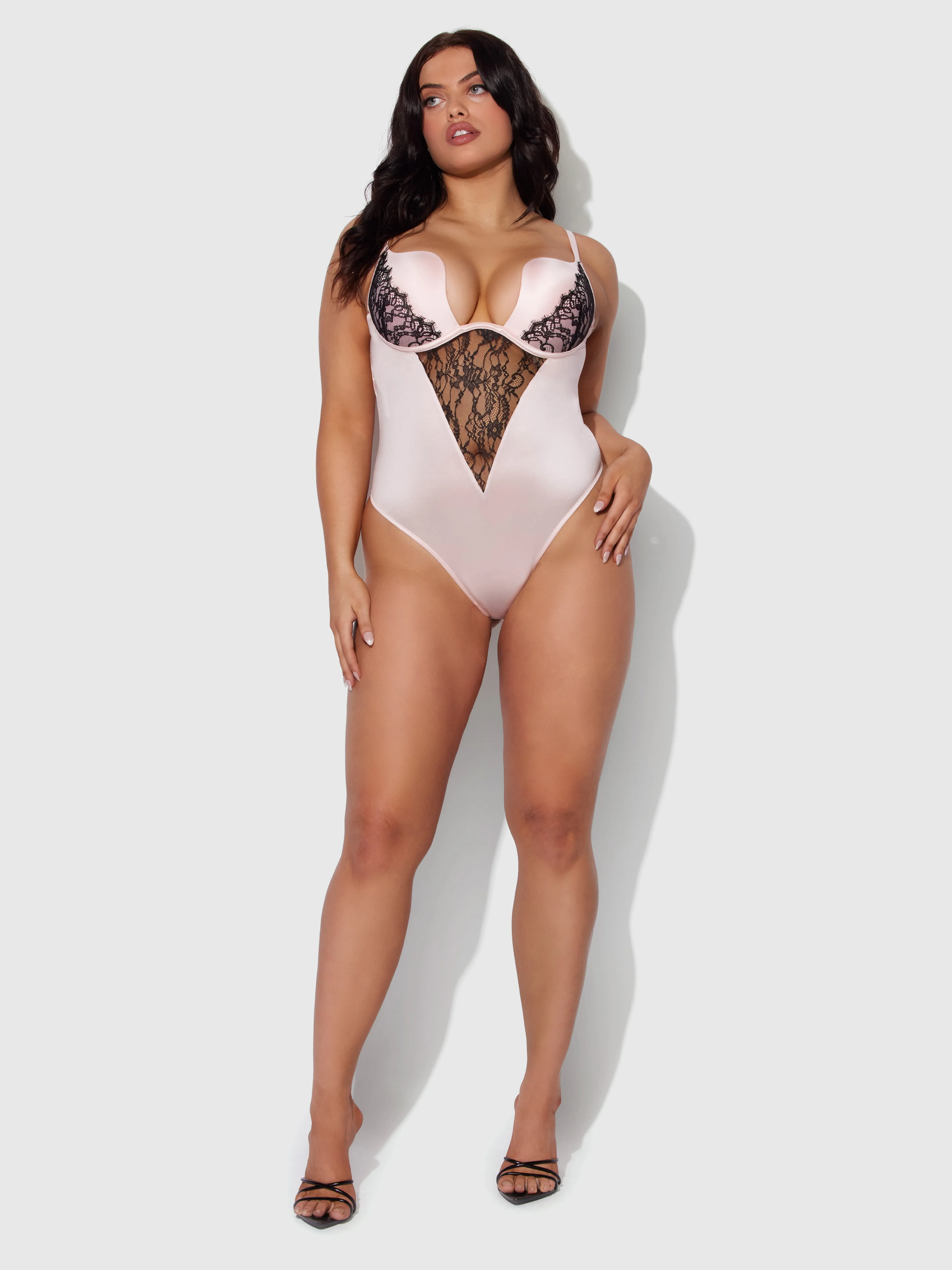 Rising Star Plunge Push Up Bodysuit in Liquid Satin & Lace