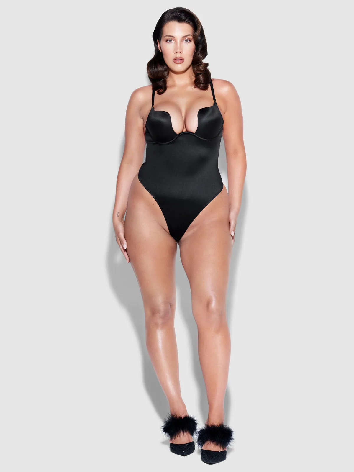 Rising Star Plunge Push Up Bodysuit in Liquid Satin