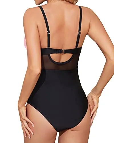 Ruched Cutout One Piece Swimsuit Mesh Detailing For Women-Pink And Black
