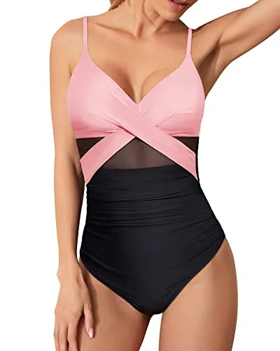 Ruched Cutout One Piece Swimsuit Mesh Detailing For Women-Pink And Black