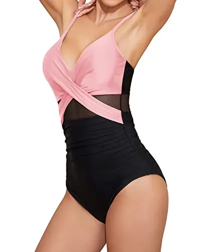 Ruched Cutout One Piece Swimsuit Mesh Detailing For Women-Pink And Black