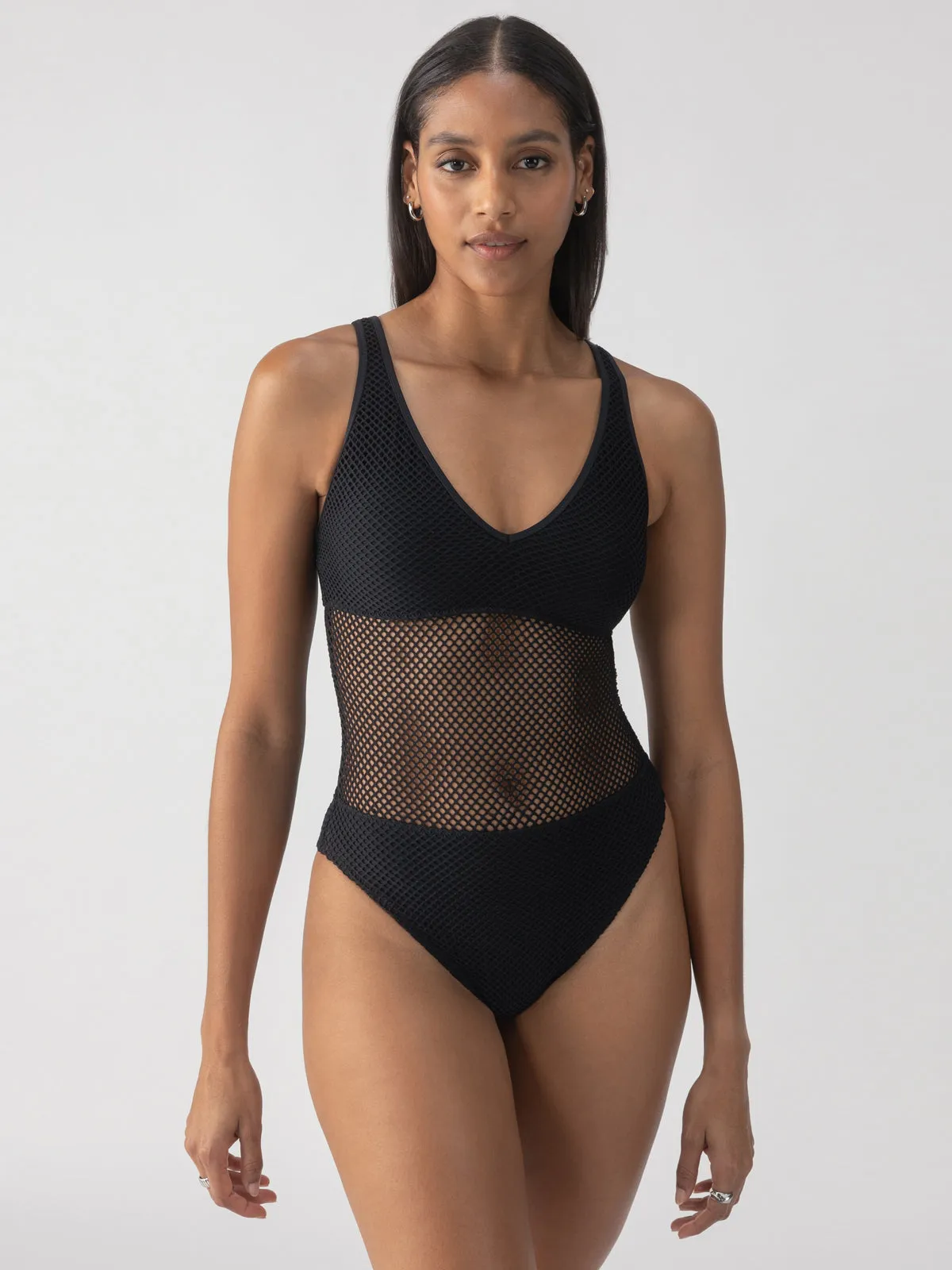 Sea Crochet High Leg Scoop Neck One-Piece Black