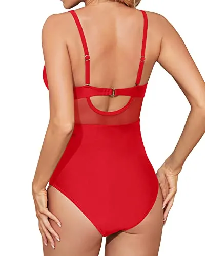 Sexy Cutout One Piece Swimsuit Ruched Tummy Control For Women-Red