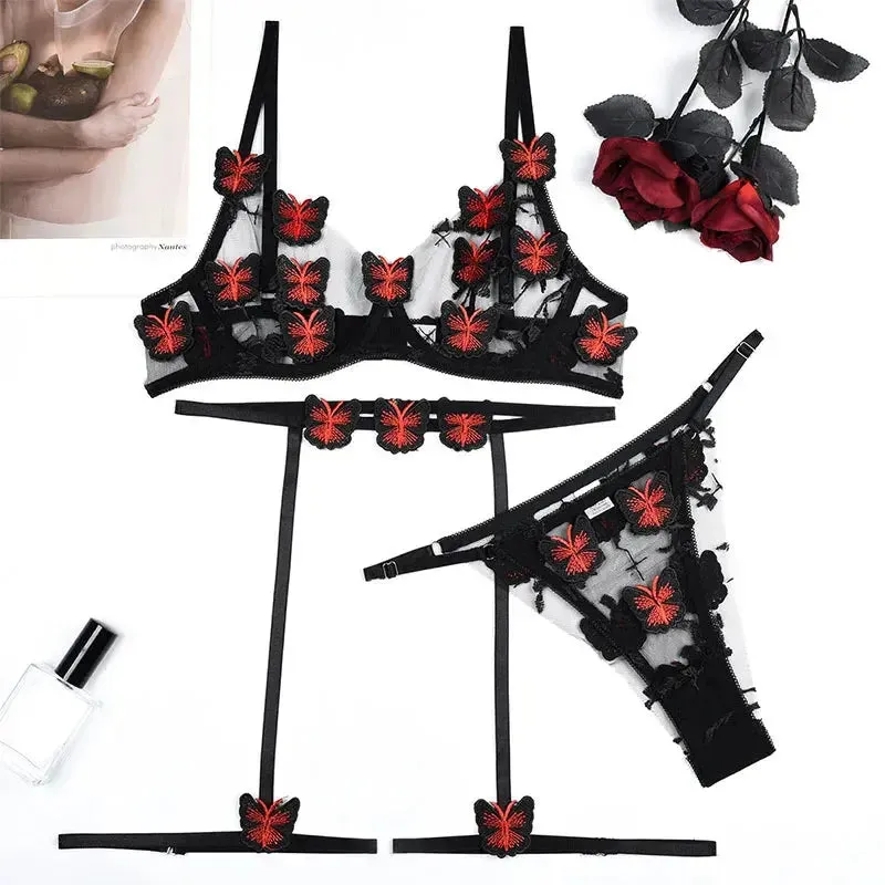 Sexy Lingerie Butterfly Embroidered Bra and Thong Set