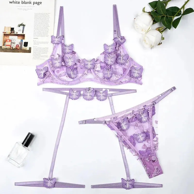 Sexy Lingerie Butterfly Embroidered Bra and Thong Set