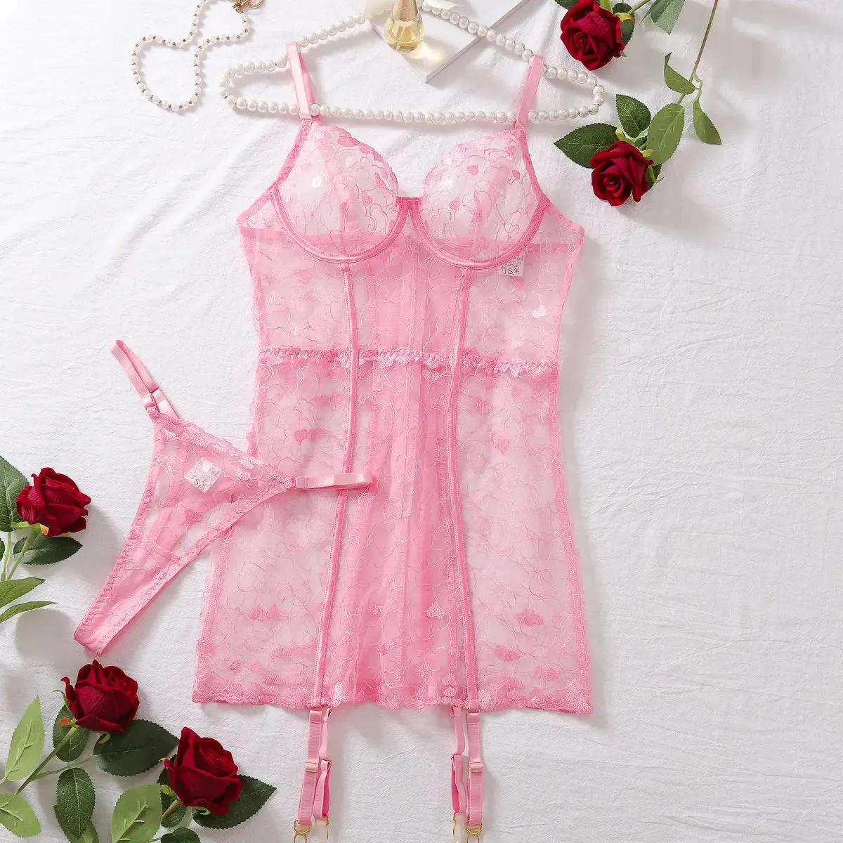 Sheer Babydoll Heart Embroidery Lingerie