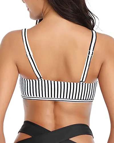 Supportive & Shaping Ruffle Flounce Swimsuit Top-Black And White Stripe
