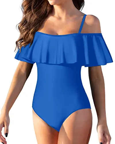 Tropical Long Torso Ruffled One Piece Swimwear-Light Blue