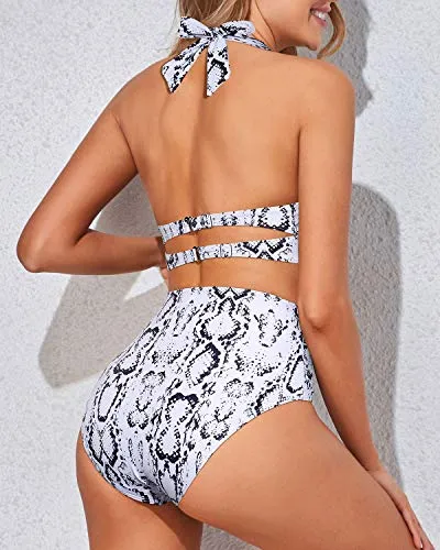 Tummy Control High Waisted Two Piece Bikini Set For Women-Snake Print