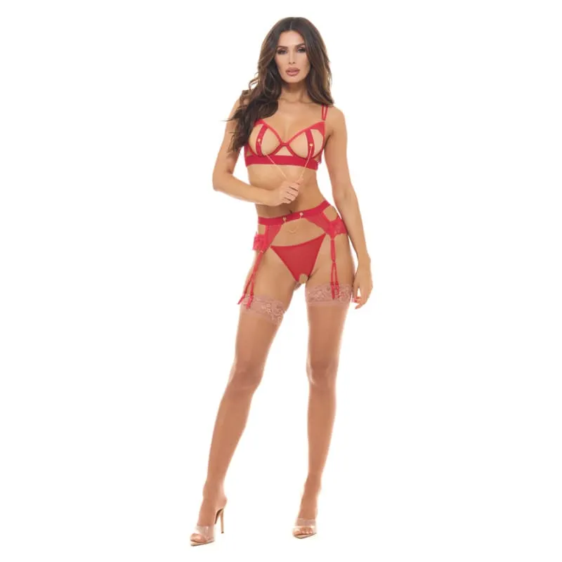 Twist Every Way Chain Bra, Garter and Crotchless G-String 3pc - Red - M/l