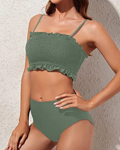 Women Two Piece Bandeau Bikini Smocked 2 Piece Swimsuit-Army Green