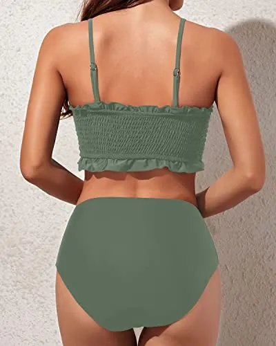 Women Two Piece Bandeau Bikini Smocked 2 Piece Swimsuit-Army Green